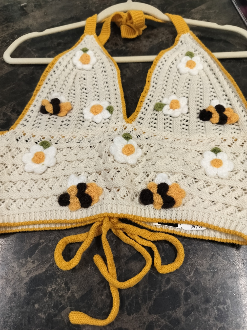 Handmade Crochet Halter Top with Bees & Flowers - Cream & Mustard - Picture 3 of 9